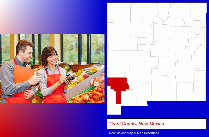 two grocers working in a grocery store; Grant County, New Mexico highlighted in red on a map