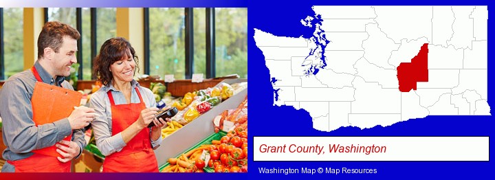 two grocers working in a grocery store; Grant County, Washington highlighted in red on a map