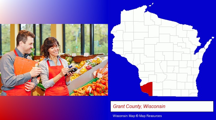 two grocers working in a grocery store; Grant County, Wisconsin highlighted in red on a map