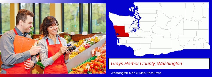 two grocers working in a grocery store; Grays Harbor County, Washington highlighted in red on a map