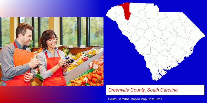 two grocers working in a grocery store; Greenville County, South Carolina highlighted in red on a map