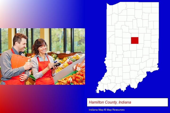 two grocers working in a grocery store; Hamilton County, Indiana highlighted in red on a map
