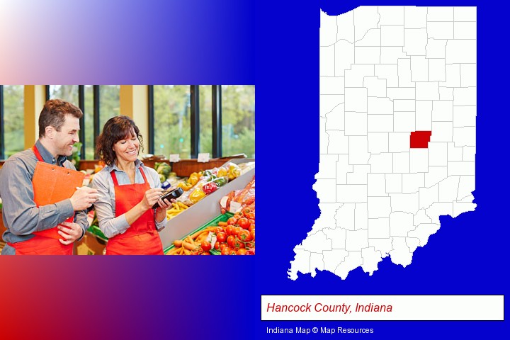 two grocers working in a grocery store; Hancock County, Indiana highlighted in red on a map