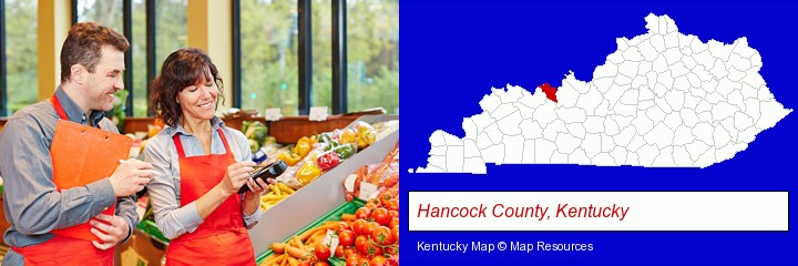 two grocers working in a grocery store; Hancock County, Kentucky highlighted in red on a map