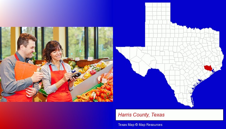 two grocers working in a grocery store; Harris County, Texas highlighted in red on a map