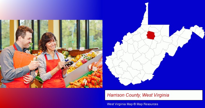 two grocers working in a grocery store; Harrison County, West Virginia highlighted in red on a map