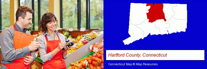 two grocers working in a grocery store; Hartford County, Connecticut highlighted in red on a map