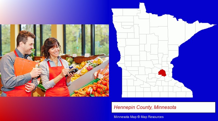 two grocers working in a grocery store; Hennepin County, Minnesota highlighted in red on a map