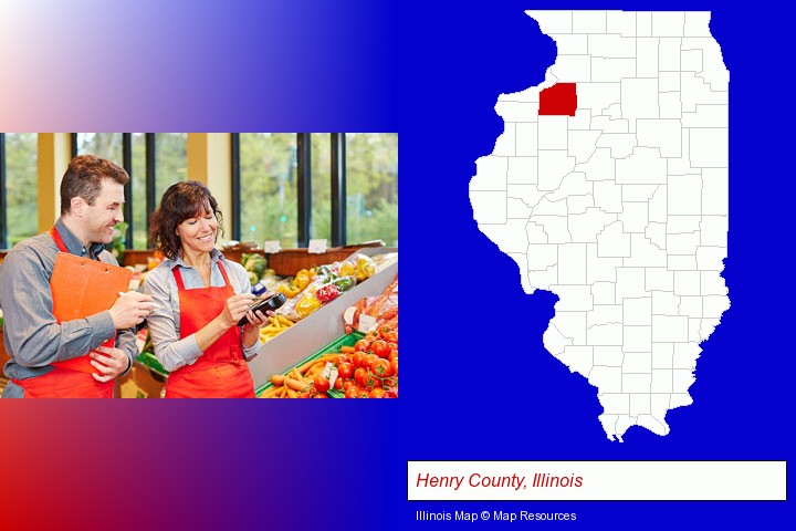 two grocers working in a grocery store; Henry County, Illinois highlighted in red on a map