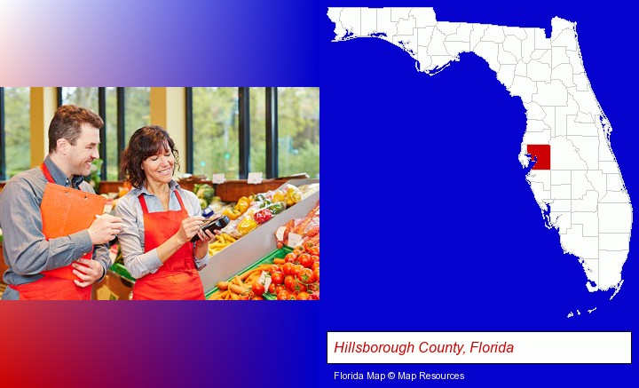 two grocers working in a grocery store; Hillsborough County, Florida highlighted in red on a map