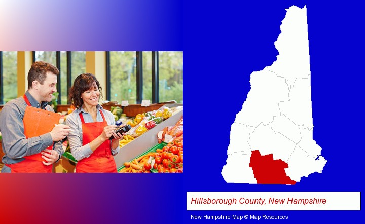 two grocers working in a grocery store; Hillsborough County, New Hampshire highlighted in red on a map