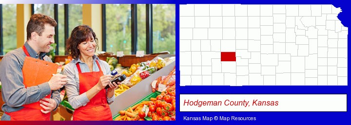 two grocers working in a grocery store; Hodgeman County, Kansas highlighted in red on a map
