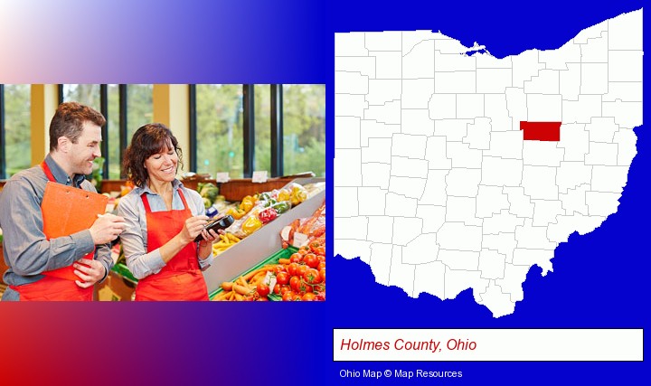 two grocers working in a grocery store; Holmes County, Ohio highlighted in red on a map