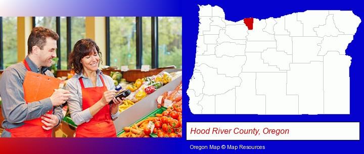 two grocers working in a grocery store; Hood River County, Oregon highlighted in red on a map