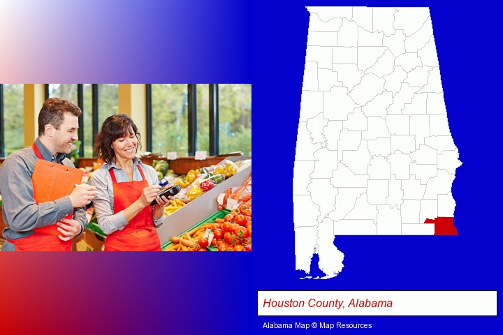 two grocers working in a grocery store; Houston County, Alabama highlighted in red on a map