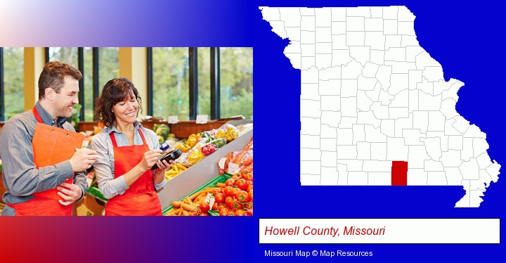 two grocers working in a grocery store; Howell County, Missouri highlighted in red on a map