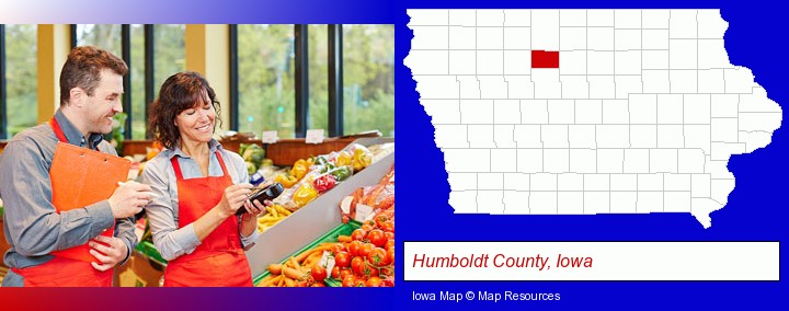 two grocers working in a grocery store; Humboldt County, Iowa highlighted in red on a map