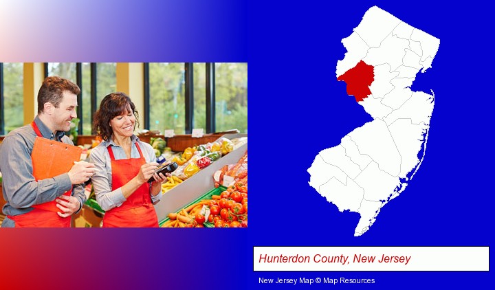 two grocers working in a grocery store; Hunterdon County, New Jersey highlighted in red on a map