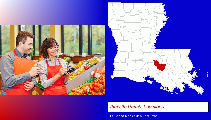two grocers working in a grocery store; Iberville Parish, Louisiana highlighted in red on a map