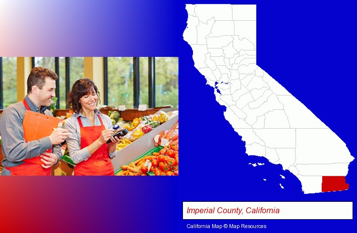 two grocers working in a grocery store; Imperial County, California highlighted in red on a map