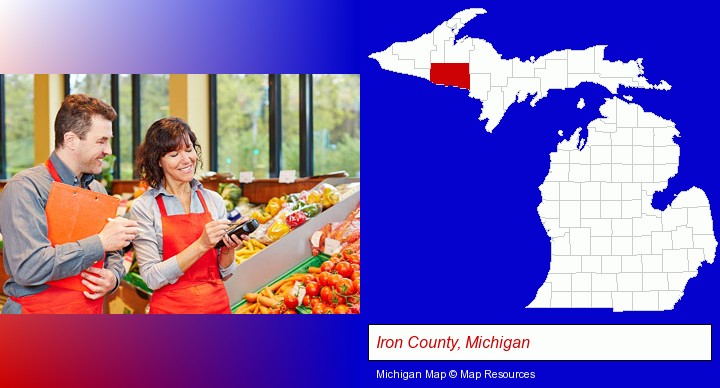 two grocers working in a grocery store; Iron County, Michigan highlighted in red on a map