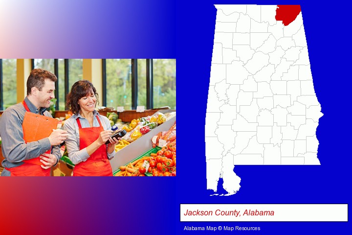 two grocers working in a grocery store; Jackson County, Alabama highlighted in red on a map