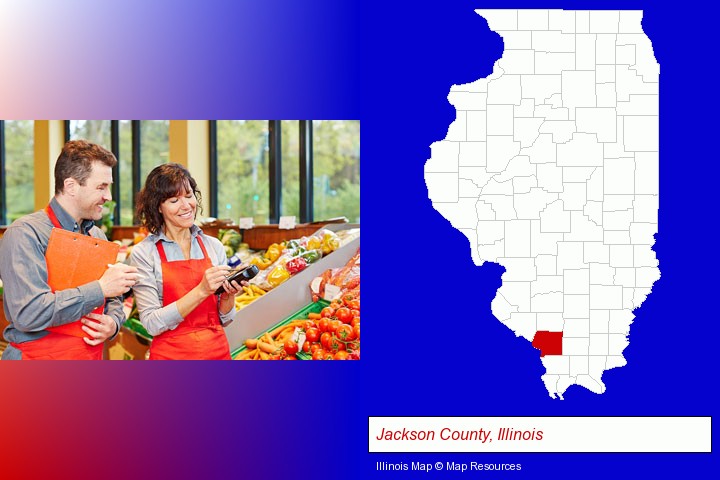 two grocers working in a grocery store; Jackson County, Illinois highlighted in red on a map