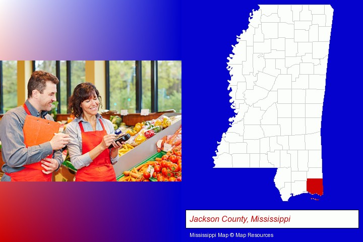 two grocers working in a grocery store; Jackson County, Mississippi highlighted in red on a map