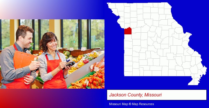 two grocers working in a grocery store; Jackson County, Missouri highlighted in red on a map