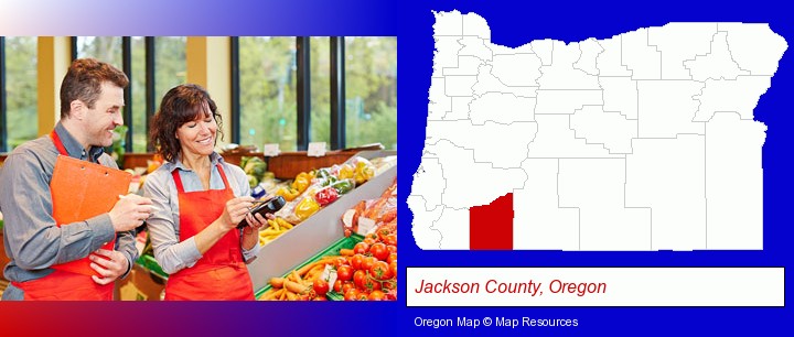two grocers working in a grocery store; Jackson County, Oregon highlighted in red on a map