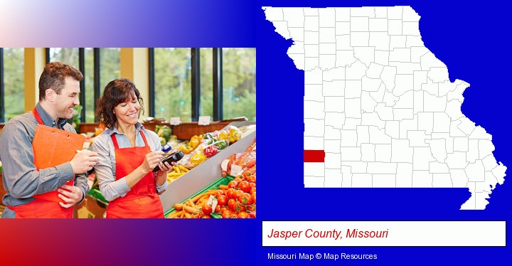 two grocers working in a grocery store; Jasper County, Missouri highlighted in red on a map