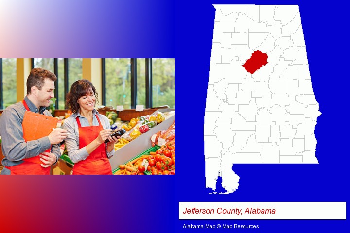 two grocers working in a grocery store; Jefferson County, Alabama highlighted in red on a map