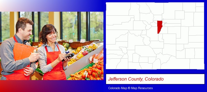 two grocers working in a grocery store; Jefferson County, Colorado highlighted in red on a map