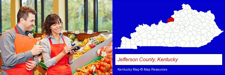 two grocers working in a grocery store; Jefferson County, Kentucky highlighted in red on a map
