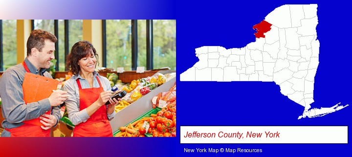 two grocers working in a grocery store; Jefferson County, New York highlighted in red on a map