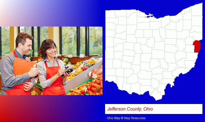 two grocers working in a grocery store; Jefferson County, Ohio highlighted in red on a map