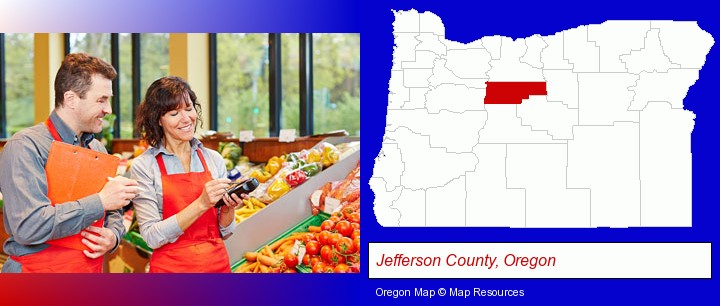two grocers working in a grocery store; Jefferson County, Oregon highlighted in red on a map