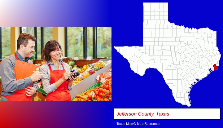 two grocers working in a grocery store; Jefferson County, Texas highlighted in red on a map