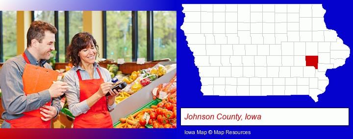 two grocers working in a grocery store; Johnson County, Iowa highlighted in red on a map