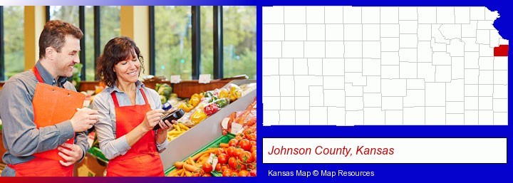 two grocers working in a grocery store; Johnson County, Kansas highlighted in red on a map