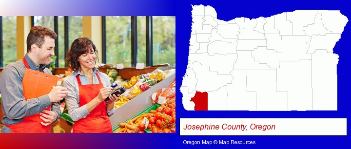 two grocers working in a grocery store; Josephine County, Oregon highlighted in red on a map
