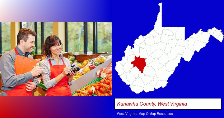 two grocers working in a grocery store; Kanawha County, West Virginia highlighted in red on a map