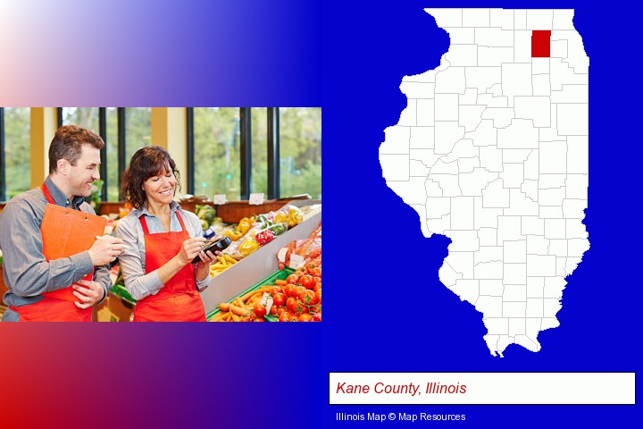 two grocers working in a grocery store; Kane County, Illinois highlighted in red on a map