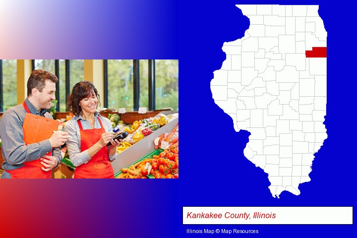 two grocers working in a grocery store; Kankakee County, Illinois highlighted in red on a map