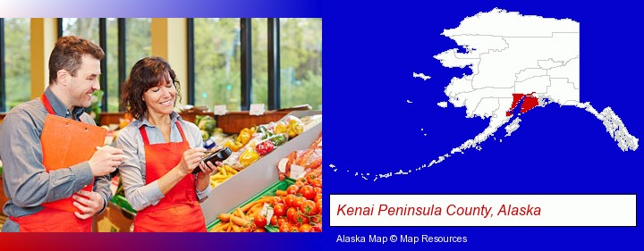 two grocers working in a grocery store; Kenai Peninsula County, Alaska highlighted in red on a map