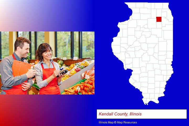 two grocers working in a grocery store; Kendall County, Illinois highlighted in red on a map