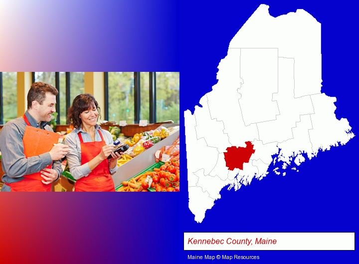two grocers working in a grocery store; Kennebec County, Maine highlighted in red on a map