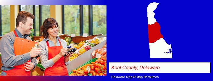two grocers working in a grocery store; Kent County, Delaware highlighted in red on a map