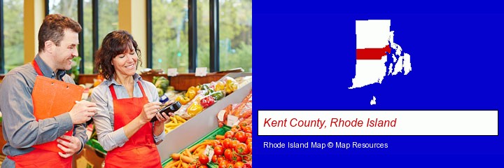 two grocers working in a grocery store; Kent County, Rhode Island highlighted in red on a map
