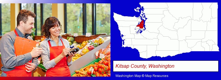 two grocers working in a grocery store; Kitsap County, Washington highlighted in red on a map